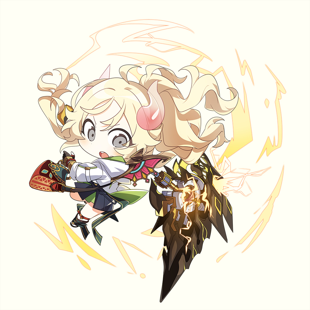 1girl 3_ma_me bag black_skirt blonde_hair chibi coat duel_monster ecclesia_(yu-gi-oh!) electricity full_body grey_eyes holding holding_weapon hood hooded_coat horns incredible_ecclesia_the_virtuous long_hair ponytail skirt solo weapon white_coat yu-gi-oh!