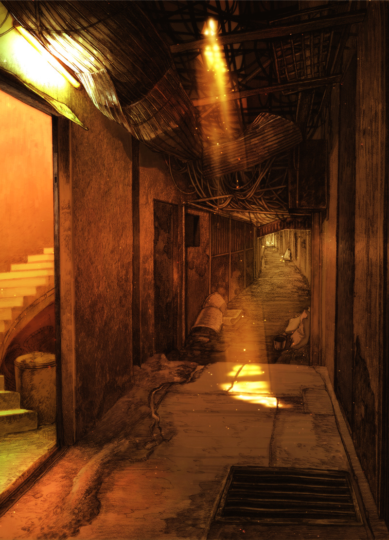 bad_id bad_pixiv_id cable dust hallway indoors light light_rays no_humans orange_theme road rubble scenery shade shadow stairs street sunbeam sunlight trash_can urban vanishing_point wire yuanmaru