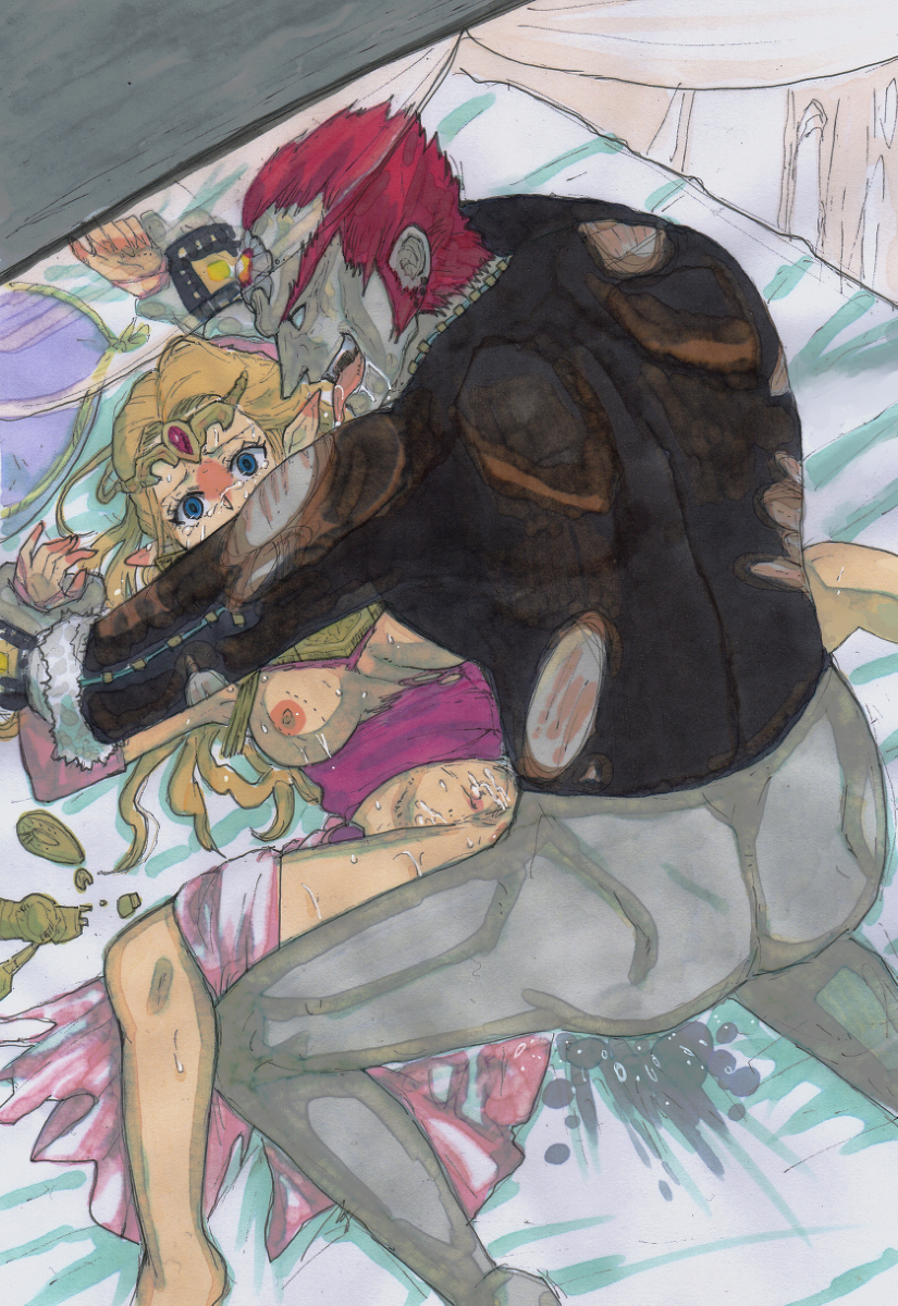 1boy 1girl blonde_hair blue_eyes breasts crying crying_with_eyes_open defeat ganondorf helpless hetero highres long_hair male_ass muscular muscular_male nintendo nipples pinned pointy_ears princess princess_zelda rape rape_face red_hair sex sweat tan_boku tears the_legend_of_zelda the_legend_of_zelda:_ocarina_of_time tiara torn_clothes vaginal