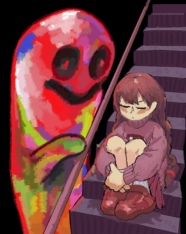 1girl :/ angry black_background blush braid brown_hair closed_eyes closed_mouth dark hugging_own_legs kneehighs knees_up kyukkyu-kun long_hair long_sleeves looking_at_another low_twintails madotsuki monster own_hands_together pink_sweater pleated_skirt puffy_long_sleeves puffy_sleeves railing ratfoob red_footwear red_skirt simple_background sitting sitting_on_stairs size_difference skirt smile socks stairs sweater turtleneck turtleneck_sweater twin_braids twintails v-shaped_eyebrows very_long_hair white_socks yume_nikki