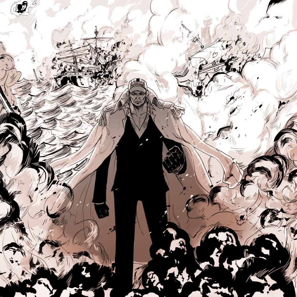 1boy baseball_cap clenched_hand epic fighting fire gloves hat jacket jacket_on_shoulders lava male_focus marineford military military_uniform moby_dick_(one_piece) monochrome ocean one_piece outdoors ruins sakazuki_(akainu) ship smoke solo watercraft