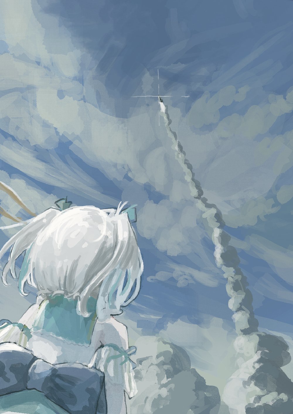1girl back_bow blue_bow blue_ribbon blue_sky bow cloud cloudy_sky commentary_request facing_away floating_hair from_behind from_below glint h3_launch_vehicle hair_ribbon highres indie_virtual_youtuber launching olime_sian ribbon rocket shirt sky smoke smoke_trail solo twintails upper_body usui_clear virtual_youtuber white_hair white_shirt