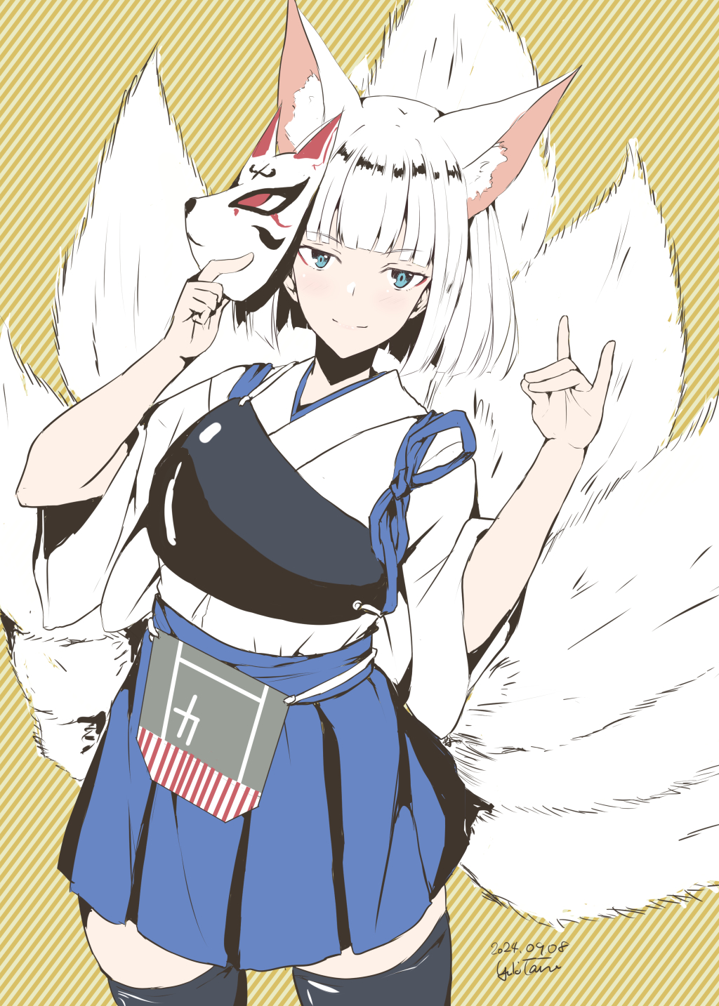 1girl animal_ears azur_lane black_thighhighs blue_eyes blush breasts cosplay cowboy_shot dated fox_ears fox_girl fox_mask fox_shadow_puppet fox_tail hakama hakama_short_skirt hakama_skirt highres historical_name_connection iguchi_yuka japanese_clothes kaga_(azur_lane) kaga_(kancolle) kaga_(kancolle)_(cosplay) kantai_collection kitsune kyuubi large_breasts long_hair looking_at_viewer mask multiple_tails muneate name_connection short_hair signature skirt smile solo tail taira_yuuki thighhighs voice_actor_connection white_hair