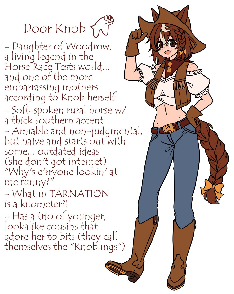 1girl animal_ears bandana bandana_around_neck bare_shoulders belt body_freckles boots braid braided_bangs braided_ponytail breasts brown_eyes brown_gloves brown_hair brown_scarf contrapposto cowboy_boots cowboy_hat denim door_knob_(horse_race_tests) english_text freckles frilled_shirt frills full_body gloves hair_between_eyes hat hat_tip highres horse_ears horse_girl horse_race_tests jeans long_hair looking_at_viewer looking_to_the_side medium_breasts midriff multicolored_hair navel open_mouth pants ponytail puffy_short_sleeves puffy_sleeves reference_sheet scarf shirt short_sleeves simple_background smile solo two-tone_hair vixenofthestars white_background white_shirt white_streaks