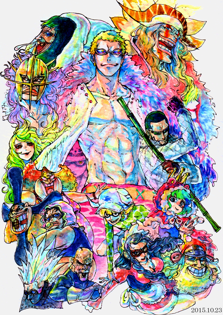 4girls 6+boys apron baby_5 bald bamboo beard black_hair blonde_hair breasts brothers buffalo_(one_piece) cape coat cosplay crown dellinger_(one_piece) diamante_(one_piece) donquixote_doflamingo donquixote_rocinante earrings facial_hair feather_coat giolla gladius_(one_piece) goggles green_hair horns jewelry kigurumi lao_g_(one_piece) large_breasts long_hair looking_at_viewer machvise maid_apron mawari28 monet_(one_piece) multicolored_background multicolored_hair multiple_boys multiple_girls muscular muscular_male navel one_piece open_clothes pica_(one_piece) pink_coat purple_hair senor_pink shirt short_hair siblings smile spiked_helmet sugar_(one_piece) sunglasses traditional_media trafalgar_law trebol_(one_piece) vergo_(one_piece) white_headwear white_shirt