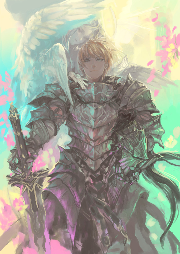 1boy 1girl angel armor blonde_hair feathered_wings full_armor gauntlets green_eyes holding kuroba_(artist) kuroba_k original petals smile sword weapon white_wings wings