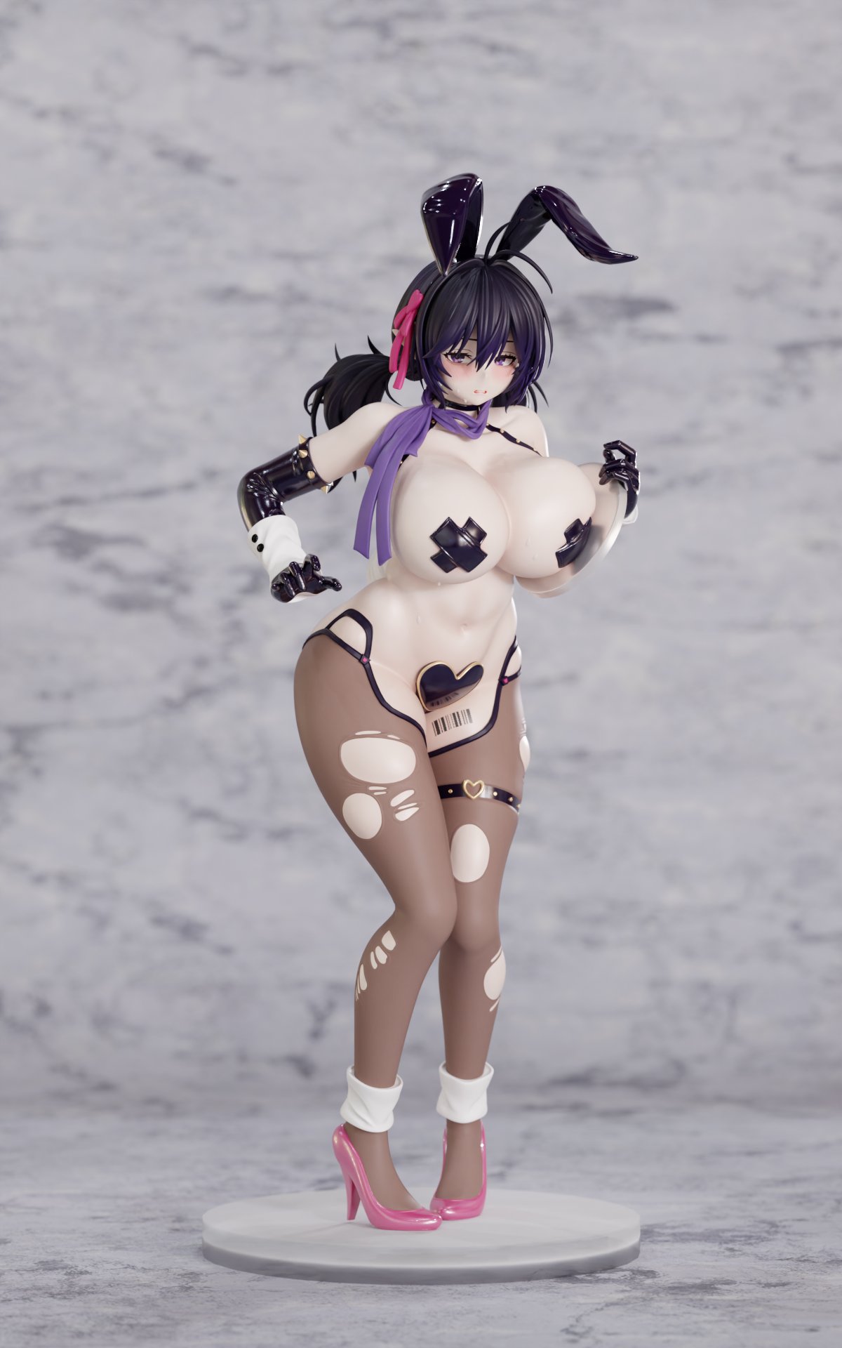 1girl 3d animal_ears barcode barcode_tattoo black_gloves blush breasts breasts_squeezed_together brown_dust_(series) brown_dust_2 cleavage cross cross_pasties elbow_gloves fake_animal_ears figure full_body gloves hair_between_eyes heart_maebari high_heels highres holding holding_tray huge_breasts illlrabbit large_variant_set latex latex_gloves leg_tattoo loen_(brown_dust_2) loen_(celebrity_bunny)_(brown_dust_2) looking_at_viewer maebari navel pantyhose pasties pink_shoes purple_eyes purple_hair rabbit_ears shoes short_twintails solo stiletto_heels stomach tattoo thigh_strap torn_clothes torn_pantyhose tray twintails variant_set