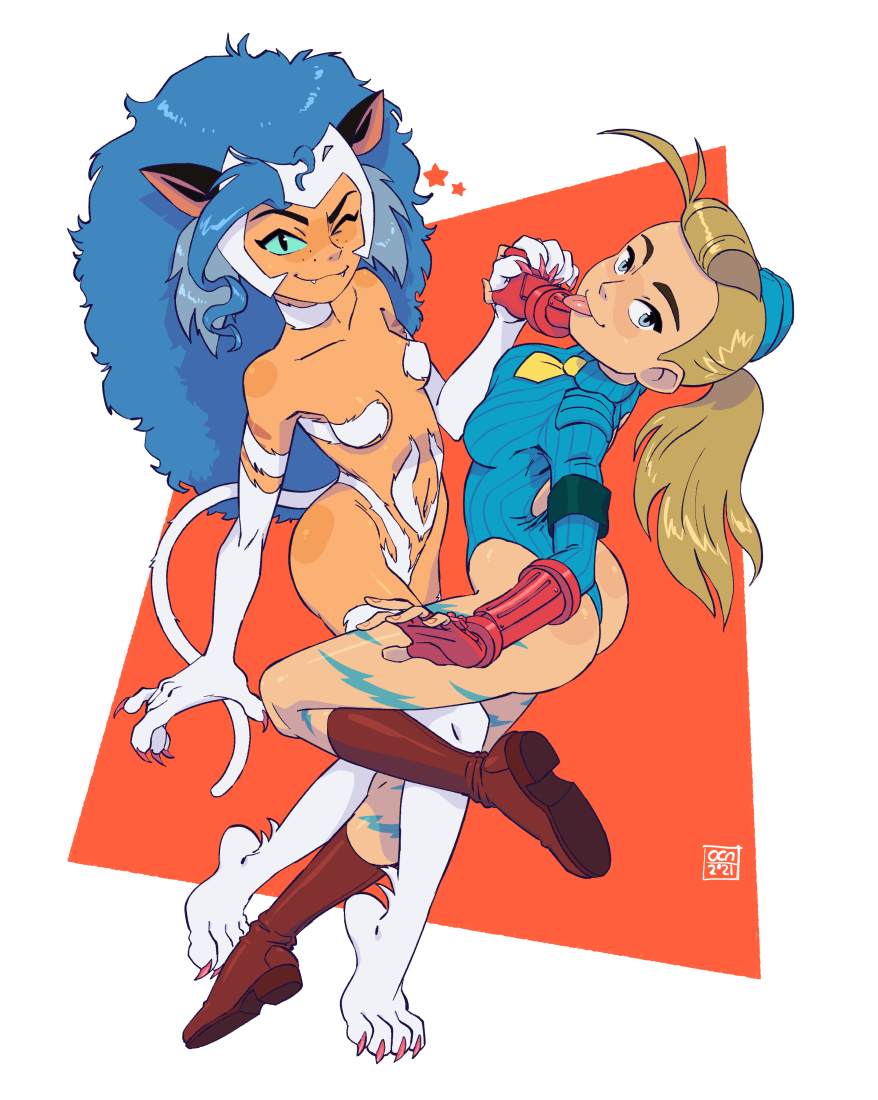 2girls adora_(she-ra) animal_ears animal_hands ass beret blonde_hair blue_hair boots breasts cammy_white cammy_white_(cosplay) capcom cat_ears cat_girl cat_tail catra claws cosplay darkstalkers felicia_(darkstalkers)_(cosplay) felicia_(darkstalkers) hat highleg highleg_leotard holding_hands leotard looking_at_viewer masters_of_the_universe multiple_girls navel oca-world ponytail she-ra_and_the_princesses_of_power small_breasts smile stomach street_fighter tail