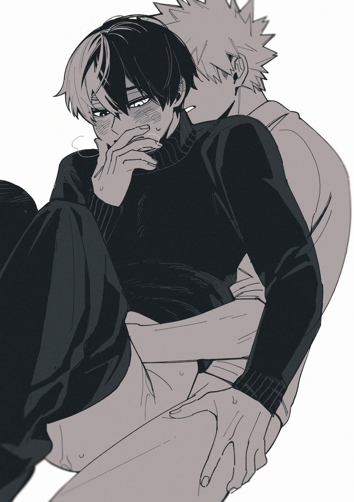 2boys arm_around_waist arm_up bakugou_katsuki bktd1715 blush boku_no_hero_academia bottomless breath clenched_teeth clothes_lift clothes_pull commentary covering_own_mouth double-parted_bangs greyscale hair_behind_ear hand_on_another&#039;s_thigh hand_over_own_mouth hashtag-only_commentary heterochromia implied_penetration implied_sex long_sleeves male_focus monochrome multicolored_hair multiple_boys pants pants_pull shirt shirt_lift short_hair simple_background sleeves_rolled_up spiked_hair split-color_hair sweat teeth todoroki_shoto turtleneck white_background yaoi