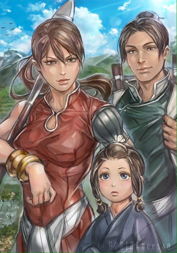 1girl 2boys bad_id bad_twitter_id balsa blue_sky brown_eyes brown_hair chagum cloud day goriraneesan hair_bun japanese_clothes multiple_boys polearm ponytail seirei_no_moribito single_hair_bun sky spear sunlight tanda toned toned_female twintails twitter_username weapon wrist_cuffs