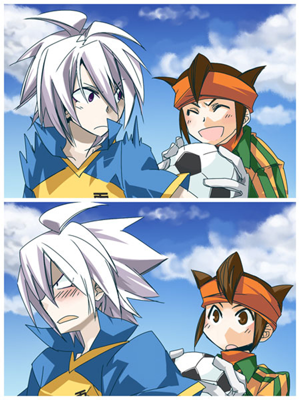 2boys ball blue_sky blush child cloud endou_mamoru inazuma_eleven inazuma_eleven_(series) male_focus mudomudo multiple_boys outdoors sky soccer_ball soccer_uniform sportswear yamino_kageto