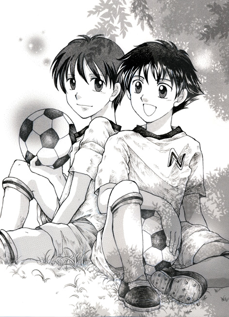 2boys back-to-back ball captain_tsubasa child halftone male_focus misaki_taro monochrome multiple_boys on_ground open_mouth ouzora_tsubasa shorts sitting smile soccer_uniform sportswear wheat_k