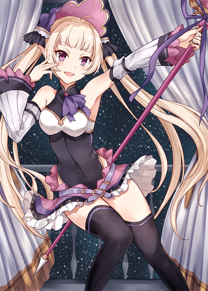 1boy ahoge armpits artist_request balcony bare_hips bare_shoulders blonde_hair blush chest_jewel crossdressing curtains detached_sleeves elf frilled_skirt frilled_sleeves frills hair_ornament hand_on_own_face headdress hime_cut long_hair looking_to_the_side night open_mouth pink_skirt pointy_ears princess_connect! purple_eyes ribbon skirt sky smile source_request staff_(weapon) star_(sky) starry_sky thighhighs thighs trap twintails very_long_hair white_curtains yuki_(princess_connect!) zettai_ryouiki