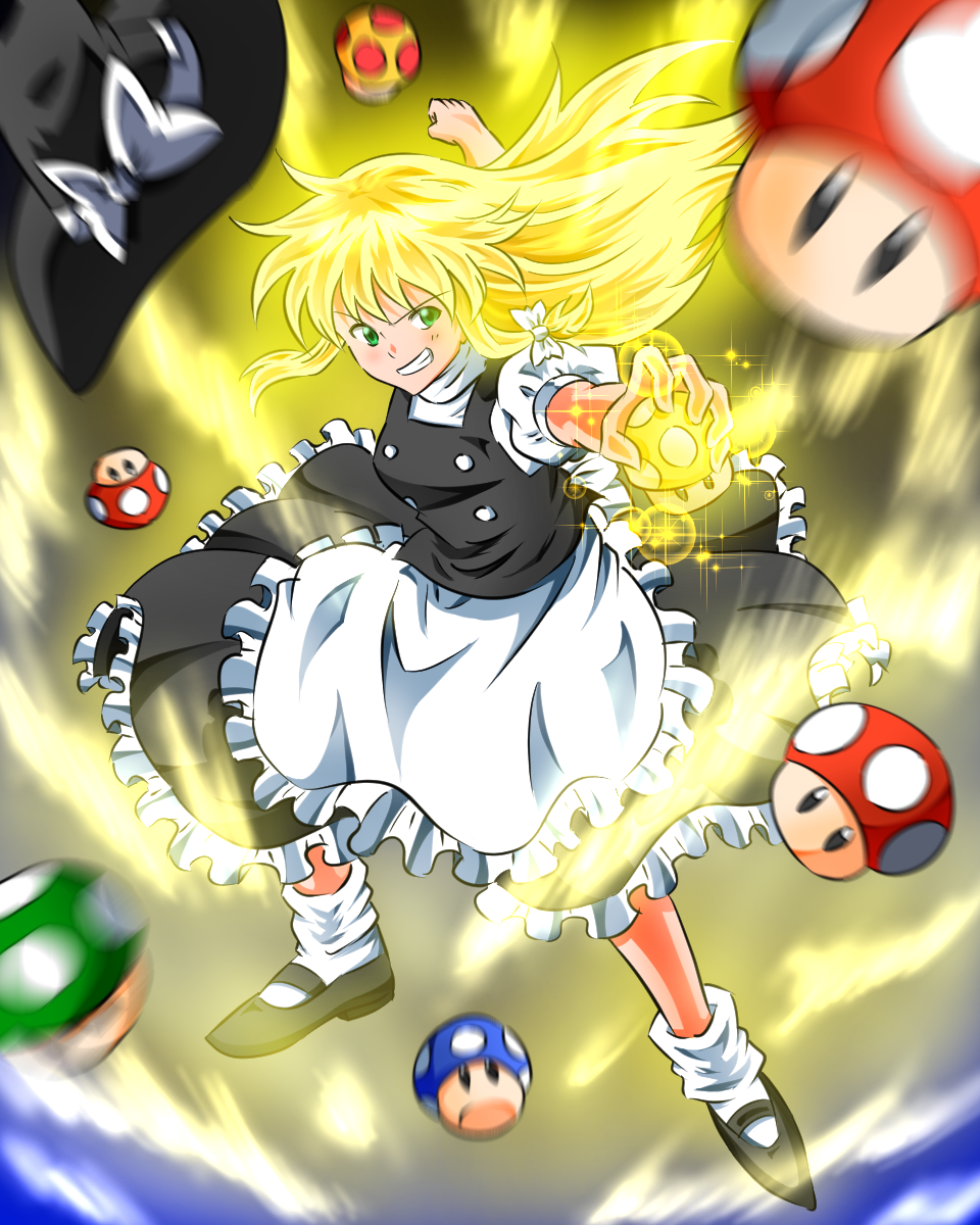 1-up_mushroom 1girl aura blonde_hair dragon_ball dragonball_z female_focus frilled_skirt frills green_eyes grin hat highres kirisame_marisa mario_(series) mega_mushroom mini_mushroom motion_blur mushroom nintendo ohoho power-up puffy_short_sleeves puffy_sleeves short_sleeves skirt smile smirk solo super_mario_bros._1 super_marisa_world super_mushroom super_saiyan super_saiyan_1 touhou unworn_hat unworn_headwear