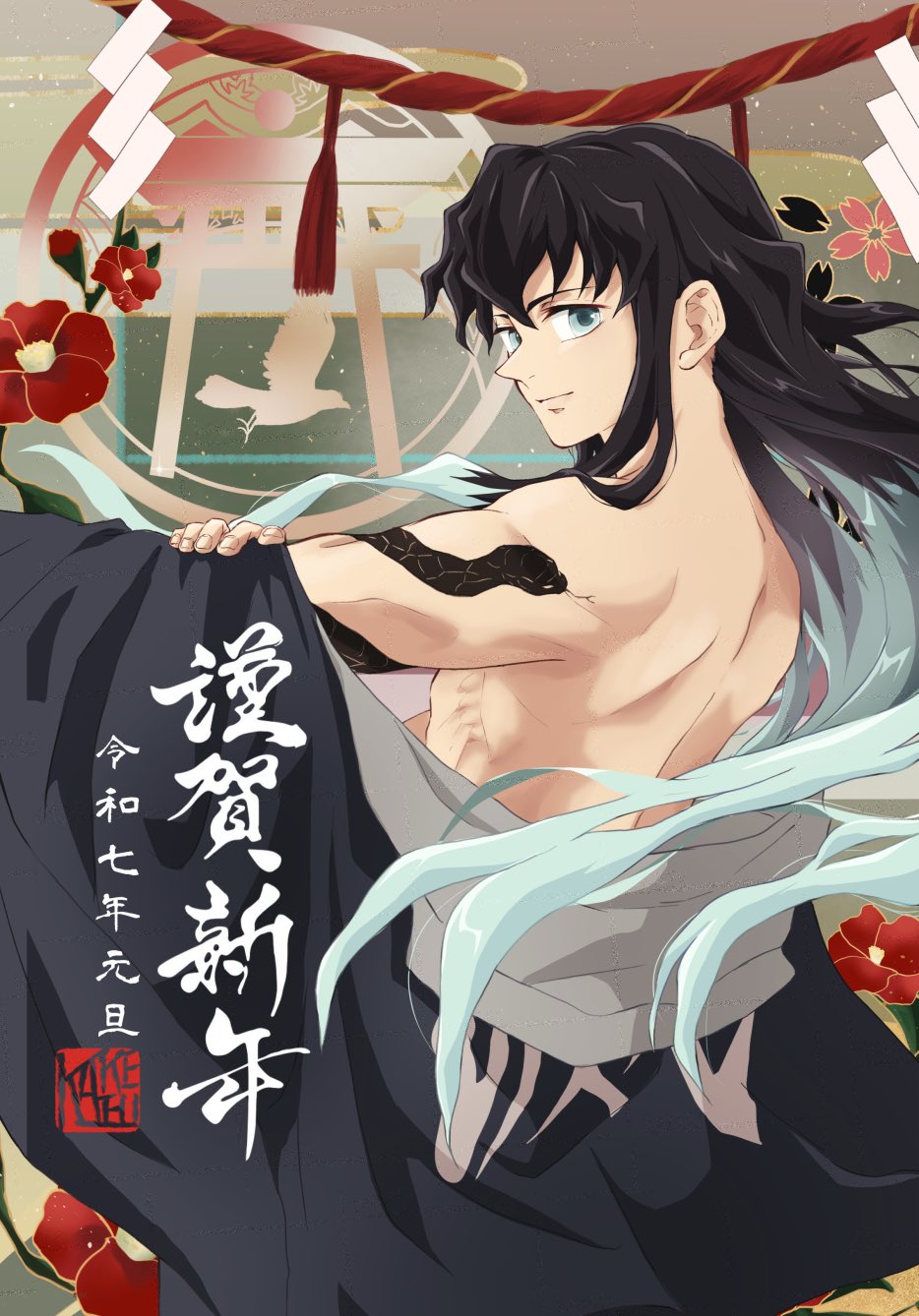 1boy aqua_eyes aqua_hair arm_tattoo bare_shoulders black_hair closed_mouth commentary_request demon_slayer_uniform flower highres kakefu_302 kimetsu_no_yaiba long_hair looking_at_viewer looking_back male_focus multicolored_hair red_flower rope shimenawa snake_tattoo solo tattoo tokitou_muichirou toned toned_male torii upper_body