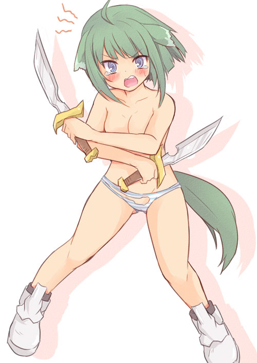 10s 1girl @_@ ahoge altorealize angry animal_ears blue_eyes blush breasts cleavage collarbone dog_days dog_ears dog_tail eclair_martinozzi embarrassed female_focus green_hair knife no_bra panties short_hair small_breasts solo striped_clothes striped_panties tail tears topless_female torn_clothes torn_panties underwear weapon