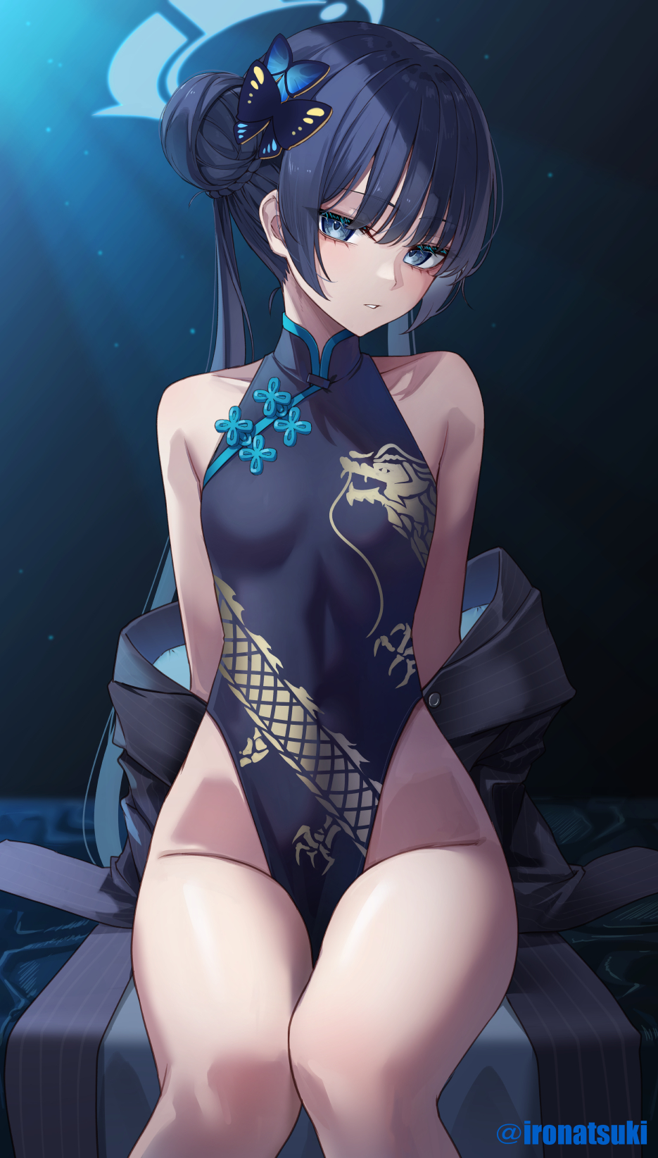 1girl bare_shoulders black_dress blue_archive blue_eyes breasts butterfly_hair_ornament china_dress chinese_clothes coat commentary_request double_bun dragon_print dress grey_coat hair_bun hair_ornament halo highres ironatsuki kisaki_(blue_archive) long_hair long_sleeves looking_at_viewer partial_commentary pelvic_curtain small_breasts solo