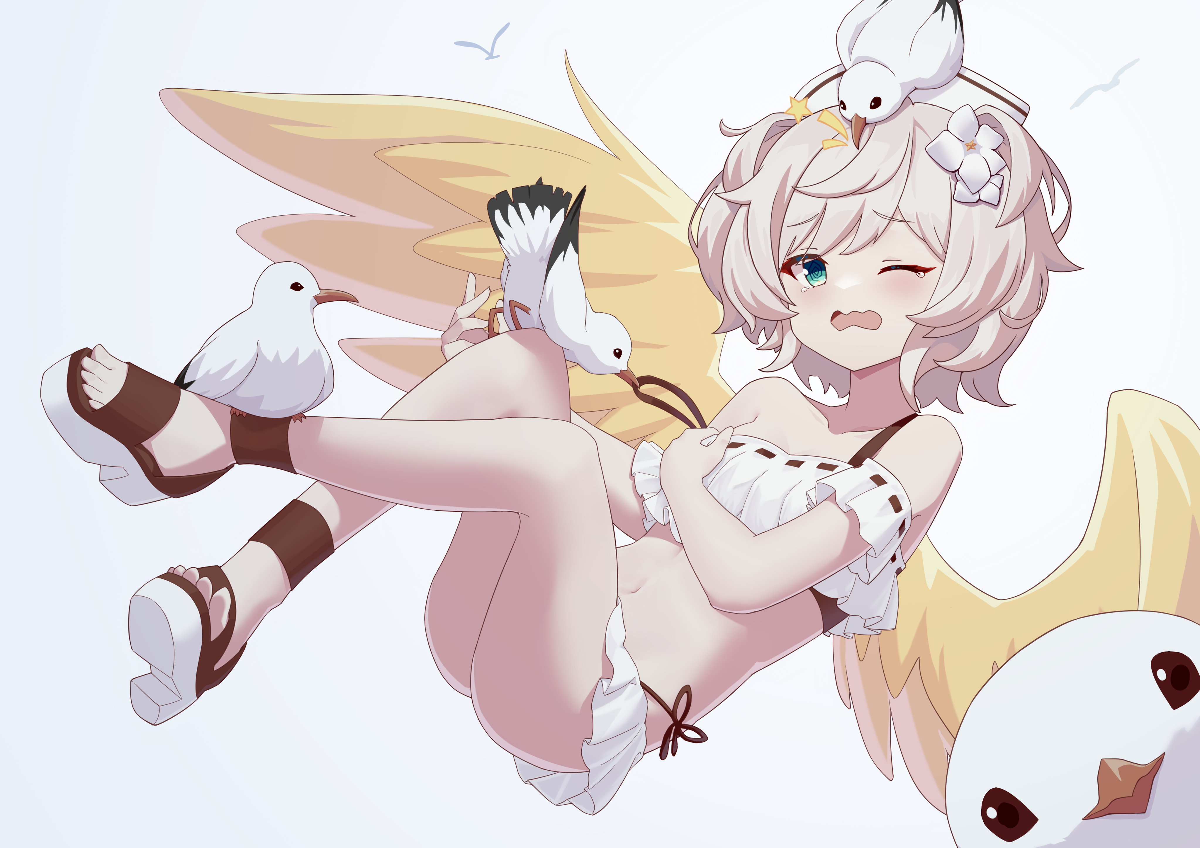 1girl absurdres alternate_costume animal animal_on_head bird crop_top feathered_wings full_body green_eyes highres miniskirt on_head one_eye_closed platform_sandals princess_connect! resplendent_phoenix_(shadowverse) seagull shadowverse short_hair skirt soulcore1999 toes transparent_background wavy_mouth white_hair white_skirt wings