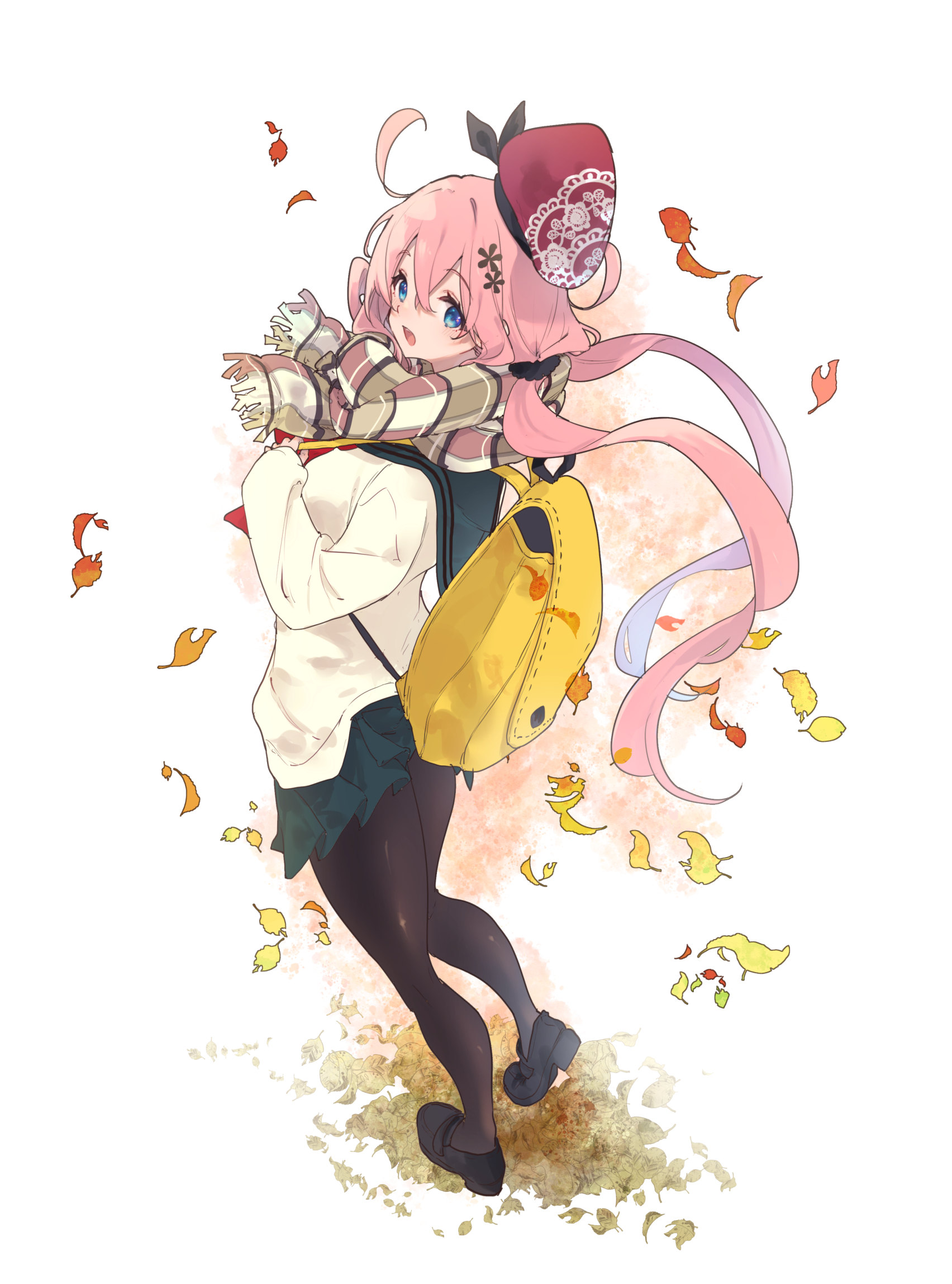 1girl autumn_leaves backpack bag beret black_flower black_pantyhose black_scrunchie black_shoes blue_eyes commentary_request double-parted_bangs floating_hat flower foot_up from_behind full_body green_sailor_collar green_skirt hair_flower hair_ornament hair_scrunchie hamayumiba_sou hat highres holding_strap leaf loafers long_hair long_sleeves looking_at_viewer looking_to_the_side miniskirt neckerchief ochikobore_fruit_tart open_mouth orange_background pantyhose pink_hair plaid_clothes plaid_scarf pleated_skirt red_hat red_neckerchief sailor_collar sakura_ino scarf scrunchie shoes side_ahoge skirt sleeves_past_wrists smile solo standing sweater two-tone_background very_long_hair white_background white_sweater yellow_bag