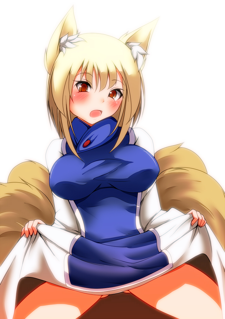 1girl animal_ears bare_legs blonde_hair blush_stickers breasts clothes_lift covered_erect_nipples dress dress_lift female_focus fox_ears fox_tail large_breasts long_dress long_sleeves looking_at_viewer merry_(diameri) multiple_tails orange_eyes short_hair solo tabard tail thighs tight_clothes tight_dress touhou white_dress yakumo_ran