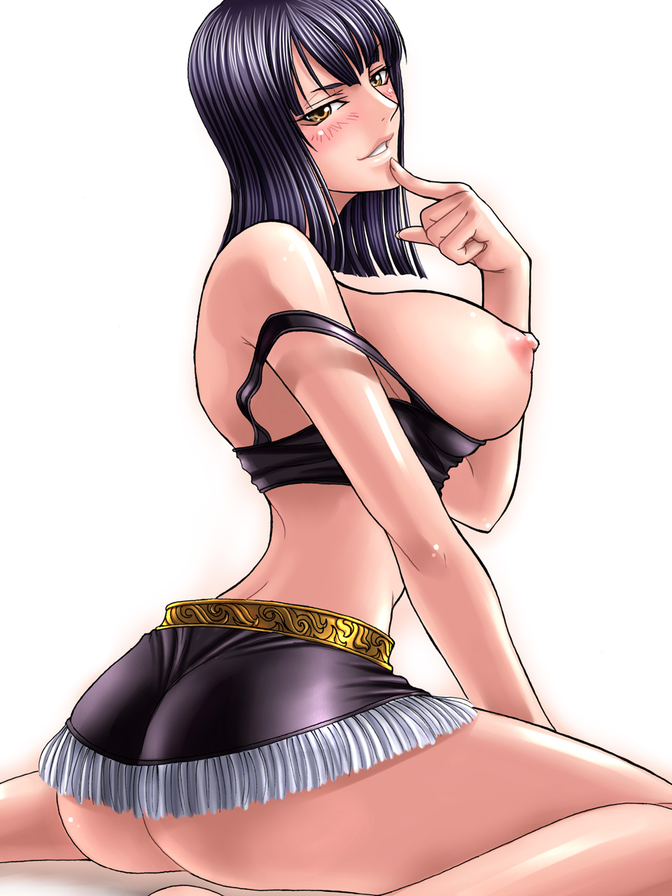 sonofka girls video kagami hirotaka, nico robin, nico robin (whisky peak), one piece, highres,  1girl, ass, back, bare shoulders, barefoot, black hair, blush, breasts,  female focus, huge breasts, long hair, looking at viewer, looking back,
