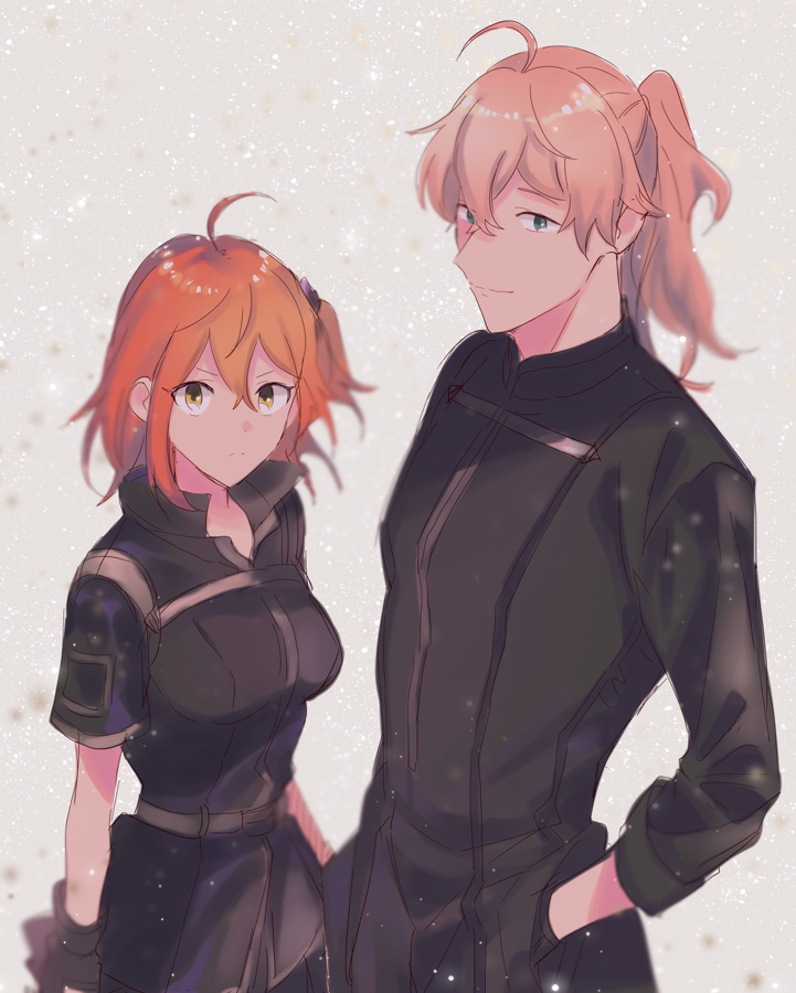 1boy 1girl ahoge alternate_costume belt belt_buckle black_belt black_coat black_gloves black_jacket buckle closed_mouth coat cowboy_shot fate/grand_order fate_(series) frown fujimaru_ritsuka_(female) fujimaru_ritsuka_(female)_(polar_chaldea_uniform) gloves green_eyes grey_background hair_between_eyes hair_ornament hair_scrunchie hand_in_pocket jacket light_particles long_hair long_sleeves looking_at_viewer one_side_up orange_eyes orange_hair pink_hair romani_archaman scrunchie serious short_sleeves simple_background smile v-shaped_eyebrows wani_(mezo)