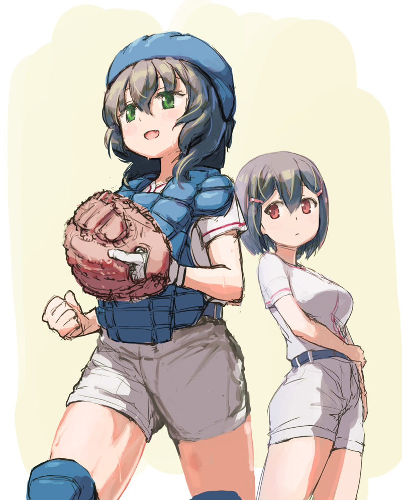 2girls baseball_glove baseball_uniform belt blue_belt breasts chest_protector clenched_hand double-parted_bangs fang green_eyes grey_hair hair_between_eyes hair_ornament hairclip hand_on_own_arm helmet knee_pads lao_ren_xing light_frown looking_ahead looking_at_another medium_breasts medium_hair multiple_girls red_eyes shirt short_hair shorts sportswear tamayomi watanabe_shiori white_shirt white_shorts yamazaki_tamaki