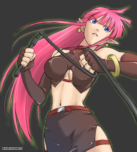 1990s_(style) 1girl bad_id bad_pixiv_id blue_eyes blue_seed bracelet breasts earrings female_focus gloves jewelry kuroko large_breasts long_hair lowres midriff navel pink_hair pointy_ears retro_artstyle skirt solo valencia_tachibana whip