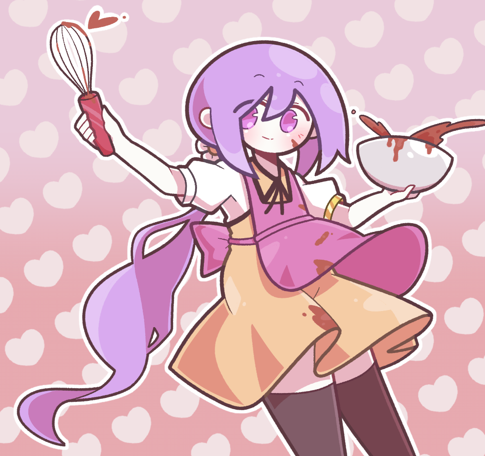 1girl back_bow baek_ban black_thighhighs bow bowl chocolate_icing closed_mouth collared_dress dress flat_chest hair_between_eyes heart heart_background holding holding_bowl holding_whisk icing long_hair pink_bow pink_hair puffy_short_sleeves puffy_sleeves purple_eyes purple_hair shirt short_sleeves smile solo thighhighs touhou tsukumo_benben whisk white_shirt yellow_dress