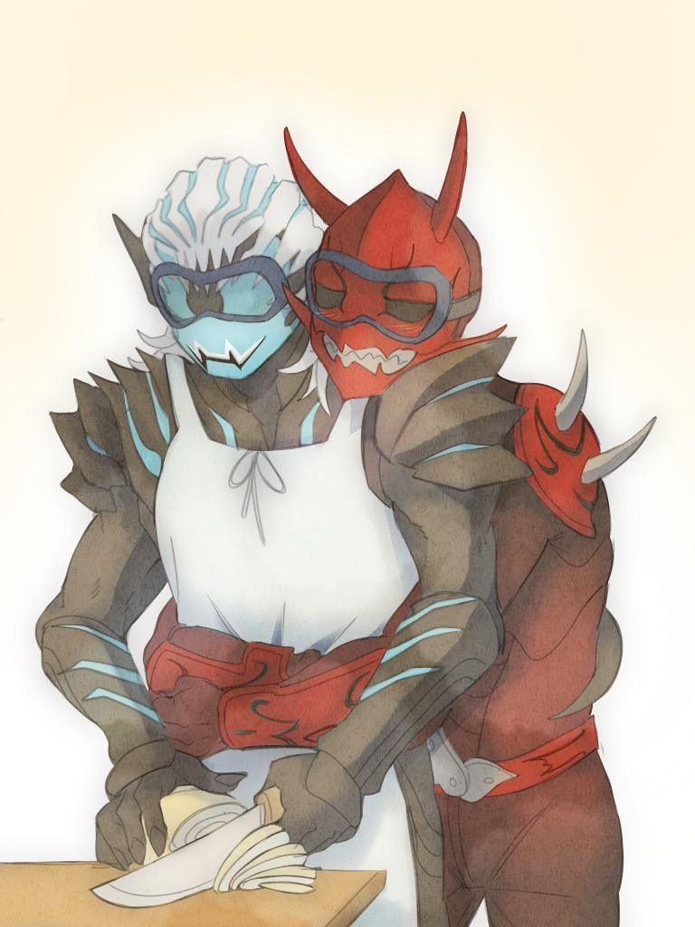 2boys apron armor arms_around_waist black_armor black_eyes blue_eyes blush cutting_board cutting_onions demon demon_boy demon_tail goggles head_on_another&#039;s_shoulder hug hug_from_behind kaikaifilu kamen_rider kamen_rider_den-o_(series) kamen_rider_revice mask momotaros monster monster_boy multiple_boys oni oni_horn onion red_armor tail tail_wrap vice_(kamen_rider_revice) white_hair