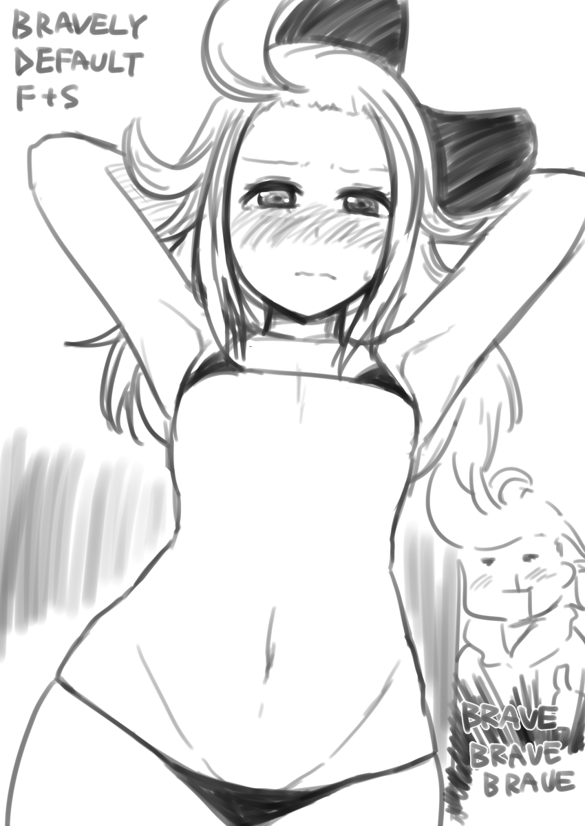 1boy 1girl bikini black_bikini blood bravely_default:_flying_fairy bravely_default_(series) edea_lee highres looking_at_viewer monochrome nosebleed ringabel string_bikini swimsuit thumbs_up zeita