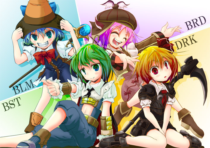 4girls adapted_costume animal_ears armor ascot bard_(final_fantasy) bard_(final_fantasy)_(cosplay) beastmaster_(final_fantasy) beastmaster_(final_fantasy)_(cosplay) bird_ears black_mage_(final_fantasy) black_mage_(final_fantasy)_(cosplay) blonde_hair blue_hair cirno clothing_cutout cosplay crossover dark_knight_(final_fantasy) dark_knight_(final_fantasy)_(cosplay) final_fantasy final_fantasy_xi gradient_hair green_eyes green_hair hat looking_at_viewer mage_staff multicolored_hair multiple_girls mystia_lorelei pink_hair pointing red_ascot red_eyes red_ribbon ribbon rumia scythe sitting smile spiked_pauldrons stomach_cutout su_yu team_9_(touhou) the_iron_of_yin_and_yang touhou wariza winged_hat wizard_hat wriggle_nightbug