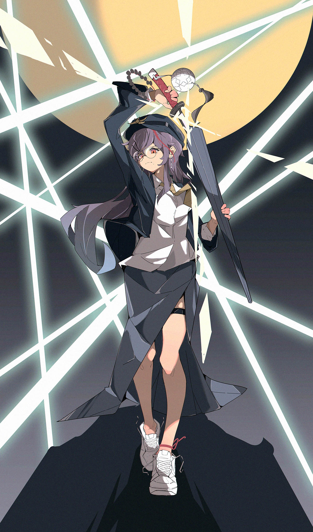 1girl akafuyu_(arknights) akafuyu_(temperament)_(arknights) arknights blue_umbrella devil_may_cry_(series) devil_may_cry_5 earclip glasses gloves hair_ornament hairclip hat highres holding long_hair looking_at_viewer meme orange_eyes postalworks purple_hair shoes sin_devil_trigger skirt sneakers solo umbrella vergil_status_(meme)