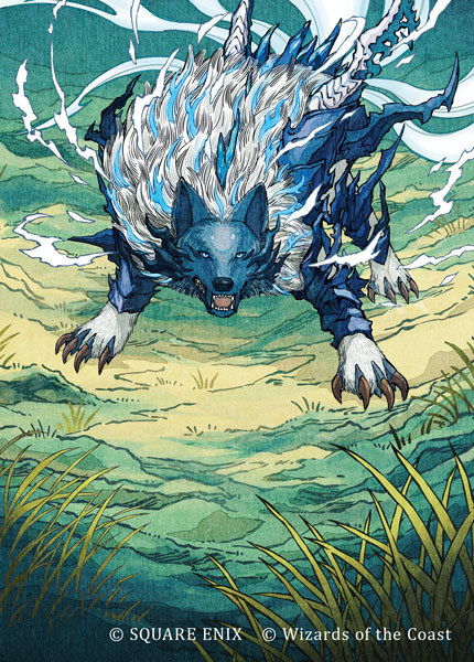 aura claws copyright_notice fangs fighting_stance final_fantasy final_fantasy_xvi looking_at_viewer magic:_the_gathering official_art open_mouth solo tail tami_yagi torgal_(ff16) wolf