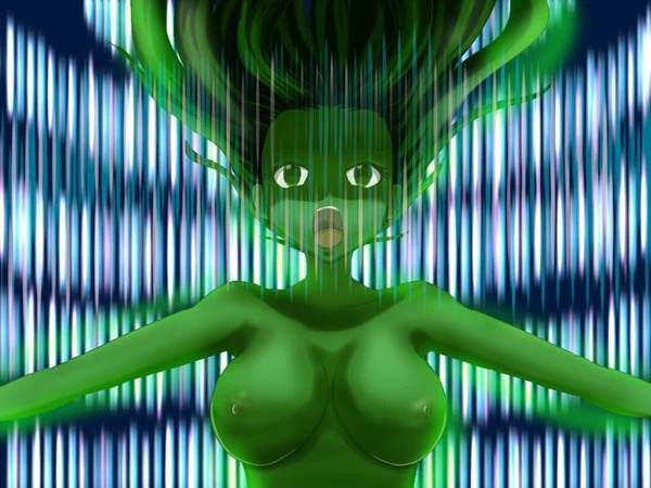 breasts cleavage completely_nude cowboy_shot digimon digimon_adventure_tri. floating_hair glowing_skin green_eyes henshin long_hair nude rosemon silhouette spirit_evolution tachikawa_mimi transformation withlike