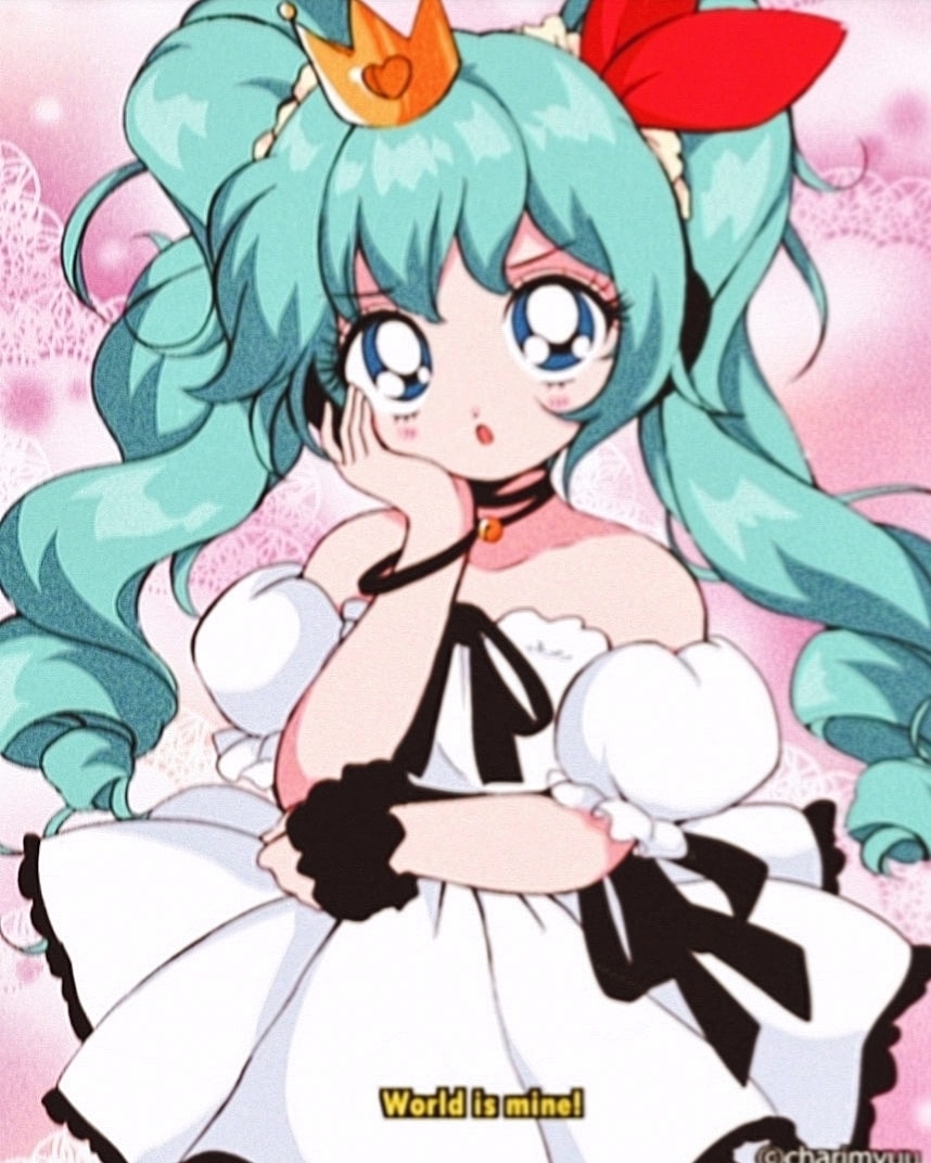 1990s_(style) 1girl aqua_hair artist_name bad_id bad_twitter_id bare_shoulders bell bishoujo_senshi_sailor_moon black_choker black_ribbon black_scrunchie blue_eyes bow bracelet choker collarbone commentary cowboy_shot crown detached_sleeves dot_nose dress drill_hair english_commentary english_text eyelashes fake_screenshot faux_retro_artstyle film_grain frilled_dress frilled_sleeves frills furrowed_brow gold_crown hair_bow hair_ornament hair_scrunchie hand_on_own_cheek hand_on_own_elbow hand_on_own_face hatsune_miku headphones heart heart_print honeymoonpetal jewelry lace lace-trimmed_dress lace_background lace_trim light_blush light_particles long_hair looking_at_viewer mini_crown neck_bell open_mouth parody pink_background pleated_dress puffy_short_sleeves puffy_sleeves red_bow retro_artstyle ribbon scrunchie short_dress short_sleeves solo standing strapless strapless_dress style_parody tareme twin_drills twintails very_long_hair vocaloid watermark wavy_hair white_dress white_scrunchie white_sleeves world_is_mine_(vocaloid) wrist_scrunchie