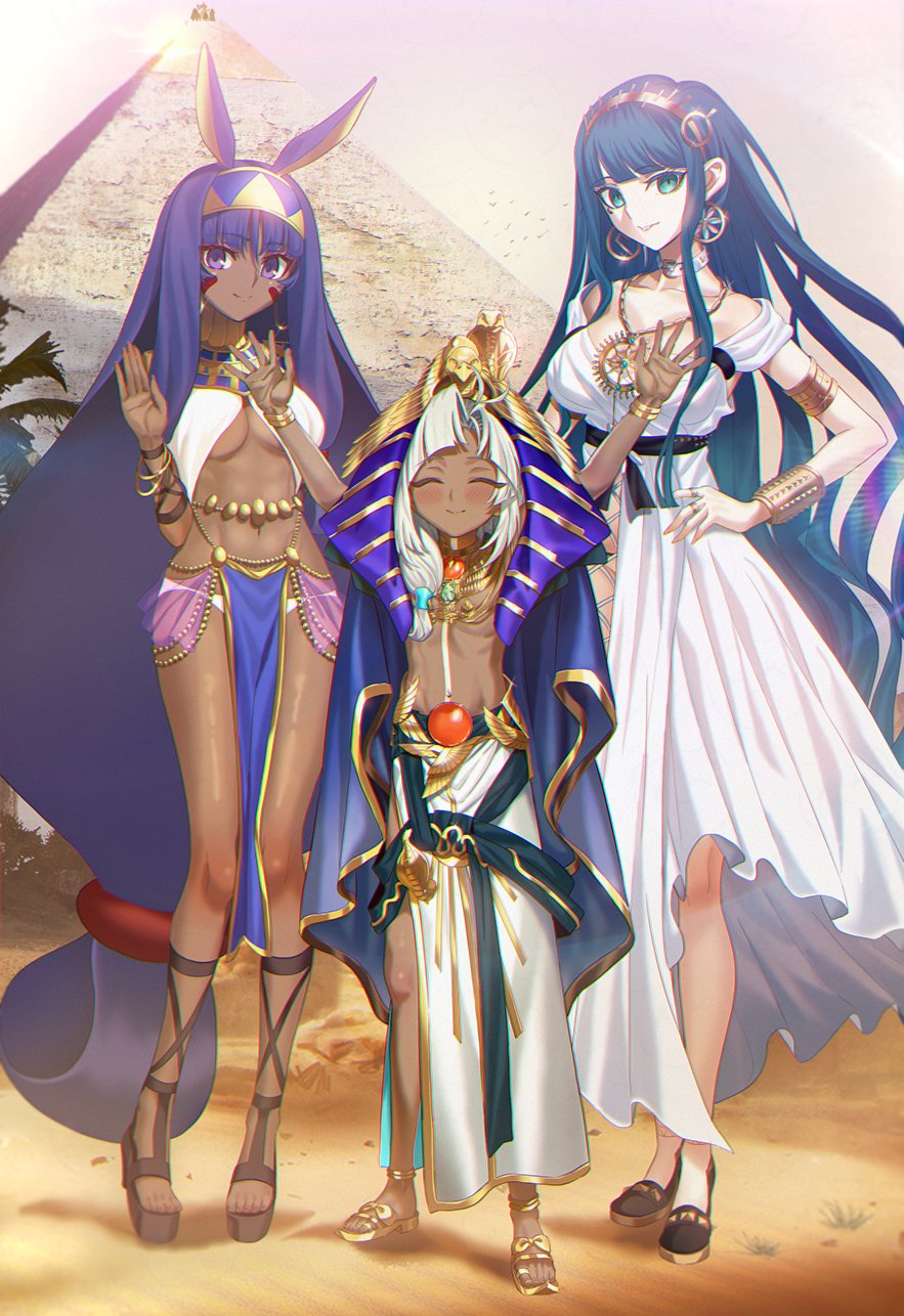 1boy 2girls animal_ears aora armlet arms_up bare_shoulders belly_chain blush bracelet breasts cleavage cleopatra_(fate) cleopatra_(third_ascension)_(fate) cloak closed_eyes collarbone dark-skinned_female dark-skinned_male dark_skin dress earrings egyptian facepaint facial_mark fate/grand_order fate_(series) full_body gold_trim green_eyes green_hair hairband halterneck hoop_earrings jackal_ears jewelry large_breasts long_hair looking_at_viewer medium_breasts multiple_girls navel necklace nemes nitocris_(fate) parted_bangs pelvic_curtain pendant purple_eyes purple_hair pyramid_(structure) sidelocks smile standing thighs tutankhamun_(fate) tutankhamun_(second_ascension)_(fate) usekh_collar very_long_hair white_dress white_hair