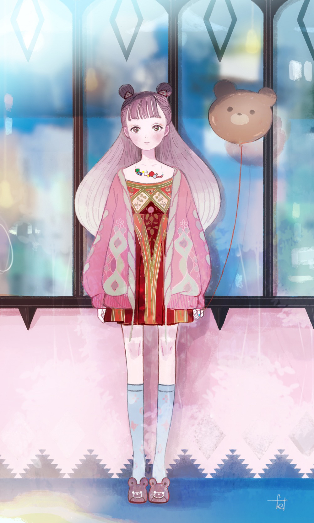1girl animal_balloon balloon bear_slippers blue_nails blush cardigan double_bun dress felt full_body gradient_hair hair_bun hair_ornament highres holding holding_balloon jewelry kneehighs light_smile long_hair multicolored_eyes multicolored_hair nail_polish necklace original pink_hair red_dress socks solo triangle_hair_ornament window