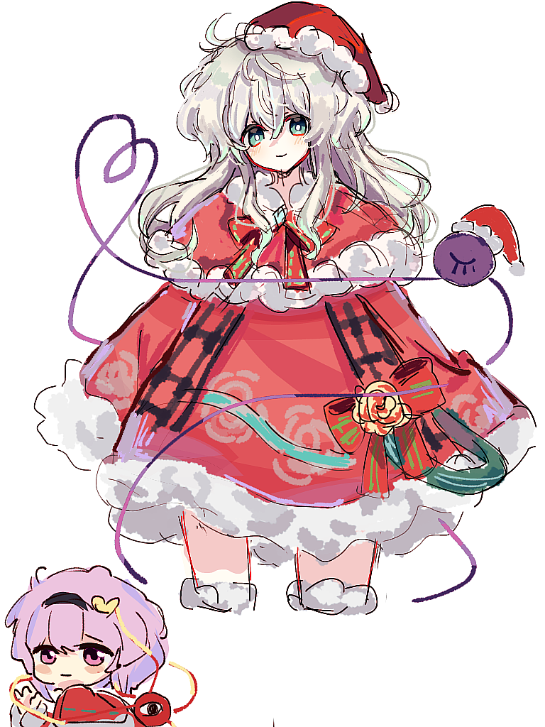 2girls black_hairband blush bow bowtie bright_pupils capelet chinese_commentary christmas closed_mouth commentary cropped_legs dress fur-trimmed_capelet fur-trimmed_dress fur-trimmed_headwear fur-trimmed_sleeves fur_trim green_eyes green_hair hair_between_eyes hair_ornament hairband hat heart heart_hair_ornament heart_of_string huangdouliuhan komeiji_koishi komeiji_satori long_hair looking_at_viewer multiple_girls pink_eyes pink_hair red_bow red_bowtie red_capelet red_dress red_headwear santa_costume santa_hat short_hair siblings smile third_eye touhou white_pupils