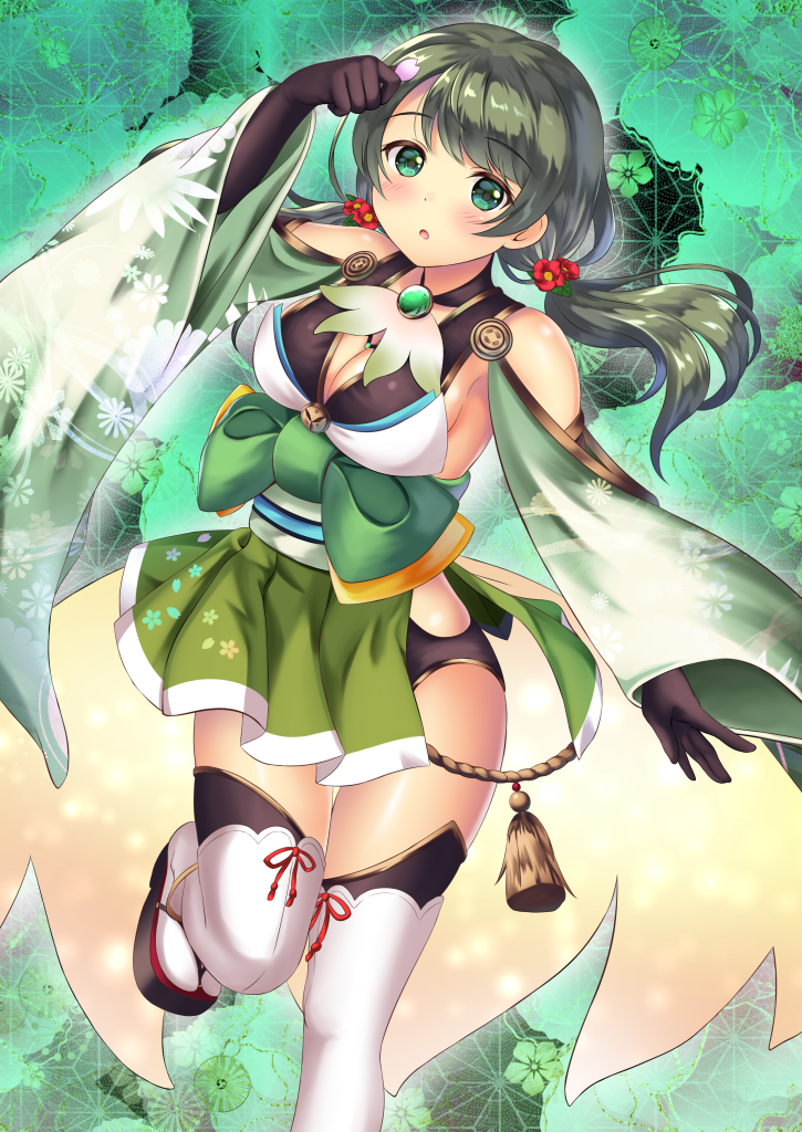 1girl arm_up battle_girl_high_school black_gloves blush breasts flower furisode gloves green_eyes hair_flower hair_ornament holding holding_petal japanese_clothes kimono large_breasts long_hair looking_at_viewer low_twintails open_mouth petals red_flower sideboob solo thighhighs tokiwa_kurumi twintails white_thighhighs wide_sleeves yuririn_poi