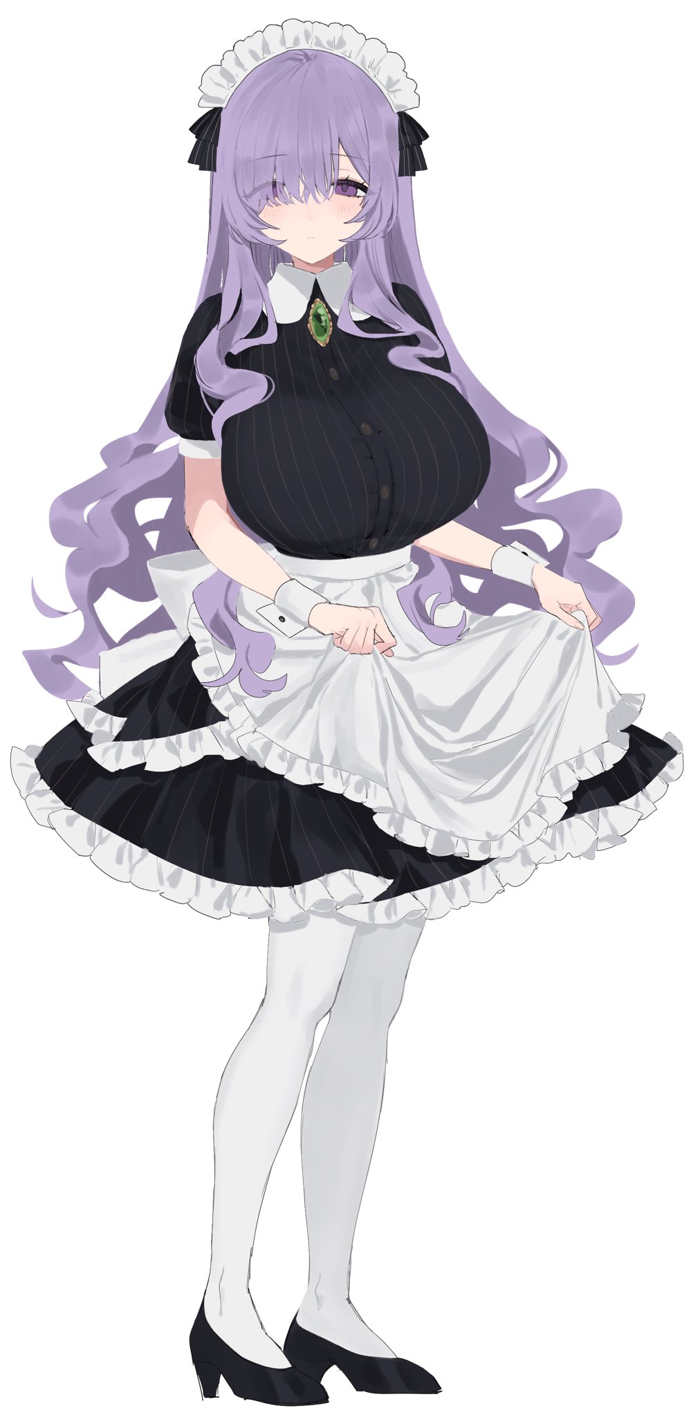 1girl apron black_dress black_shoes breasts brooch button_dress collared_dress commentary curly_hair dress eurasia_(wtp09ptw14) flipped_sidelocks francoise_(eurasia) frilled_apron frilled_dress frilled_headwear frills full_body green_brooch hair_over_one_eye high_heels highres jewelry large_breasts long_hair long_sleeves maid maid_apron maid_day maid_headdress original pantyhose parted_bangs puffy_short_sleeves puffy_sleeves purple_eyes purple_hair shoes short_sleeves simple_background skirt_hold solo standing striped_clothes striped_dress vertical-striped_clothes vertical-striped_dress very_long_hair white_apron white_background white_pantyhose