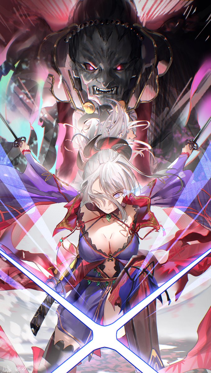 1girl asymmetrical_hair black_thighhighs blue_eyes breasts cleavage clothing_cutout convenient_censoring dual_wielding earrings fate/grand_order fate_(series) grey_hair hair_over_one_eye highres holding holding_sword holding_weapon japanese_clothes jewelry katana kimono leaf_earrings looking_at_viewer magatama magatama_necklace milbi miyamoto_musashi_(fate) navel necklace one_eye_covered sheath short_kimono swept_bangs sword thighhighs unsheathed weapon
