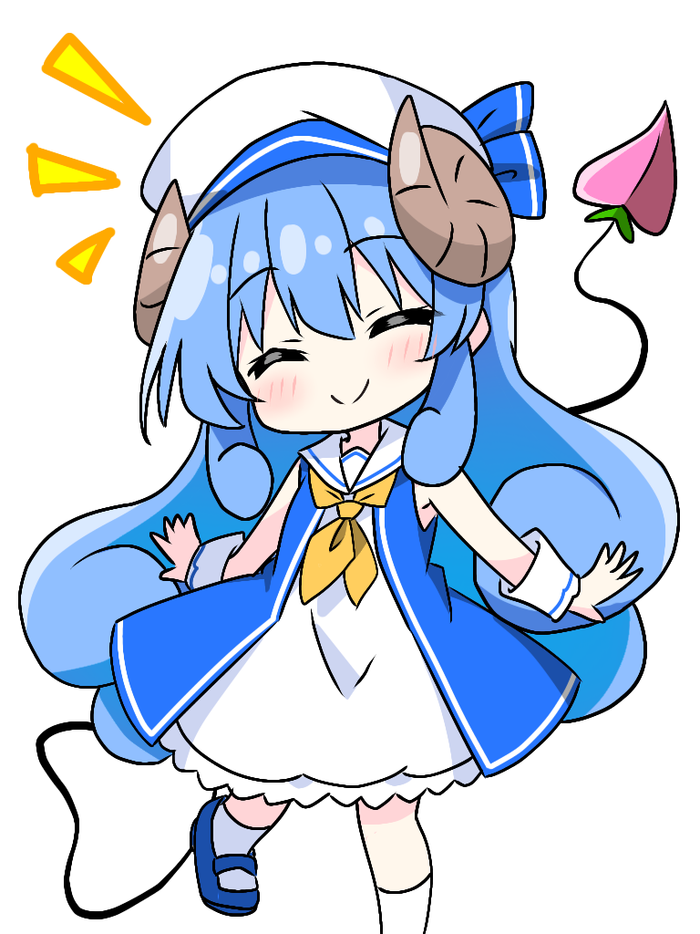 1girl alternate_hair_color bare_shoulders blue_dress blue_hair blue_shoes blush brown_horns closed_eyes closed_mouth commentary_request curled_horns demon_girl demon_tail dress facing_viewer hat horns kotatsu-mazoku lilith_(machikado_mazoku) lilith_(machikado_mazoku)_(homunculus) long_hair machikado_mazoku neckerchief sailor_collar sailor_dress sailor_hat shoes sidelocks simple_background sleeveless sleeveless_dress smile socks solo tail very_long_hair white_background white_hat white_sailor_collar white_socks wrist_cuffs yellow_neckerchief