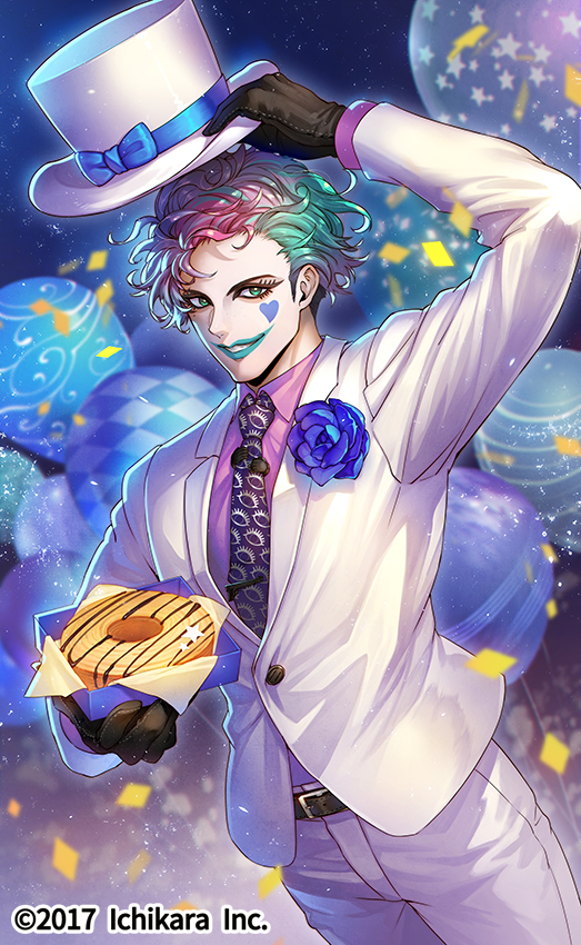 1boy arm_up balloon baumkuchen belt belt_buckle black_belt black_gloves blue_bow blue_flower blue_rose boutonniere bow box buckle clown collared_shirt confetti copyright_notice cowboy_shot eye_print facial_mark flower formal_clothes gloves green_eyes green_hair green_lips grin hair_slicked_back hat hat_bow heart heart_facial_mark holding holding_box holding_unworn_clothes holding_unworn_hat hotaruika_niji jacket joe_rikiichi joe_rikiichi_(1st_costume) long_sleeves looking_at_viewer male_focus multicolored_hair necktie nijisanji official_art pants pink_hair pink_shirt print_necktie purple_hair purple_necktie rose shirt short_hair smile suit tie_clip top_hat unworn_hat unworn_headwear virtual_youtuber white_day white_headwear white_jacket white_pants white_suit