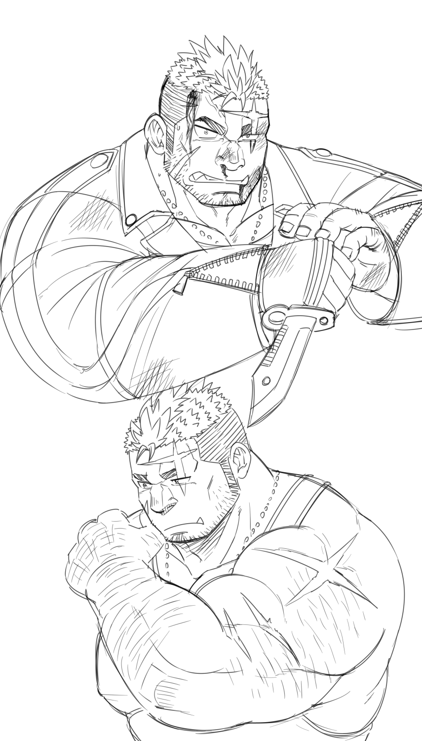 arm_hair bara beard_stubble chest_hair cross_scar ei_(marutendon) facial_hair facial_scar hairy highres large_pectorals live_a_hero long_sideburns mature_male muscular muscular_male pectoral_cleavage pectorals scar scar_on_cheek scar_on_face scar_on_forehead sideburns stubble undercut yoshiori_(live_a_hero)