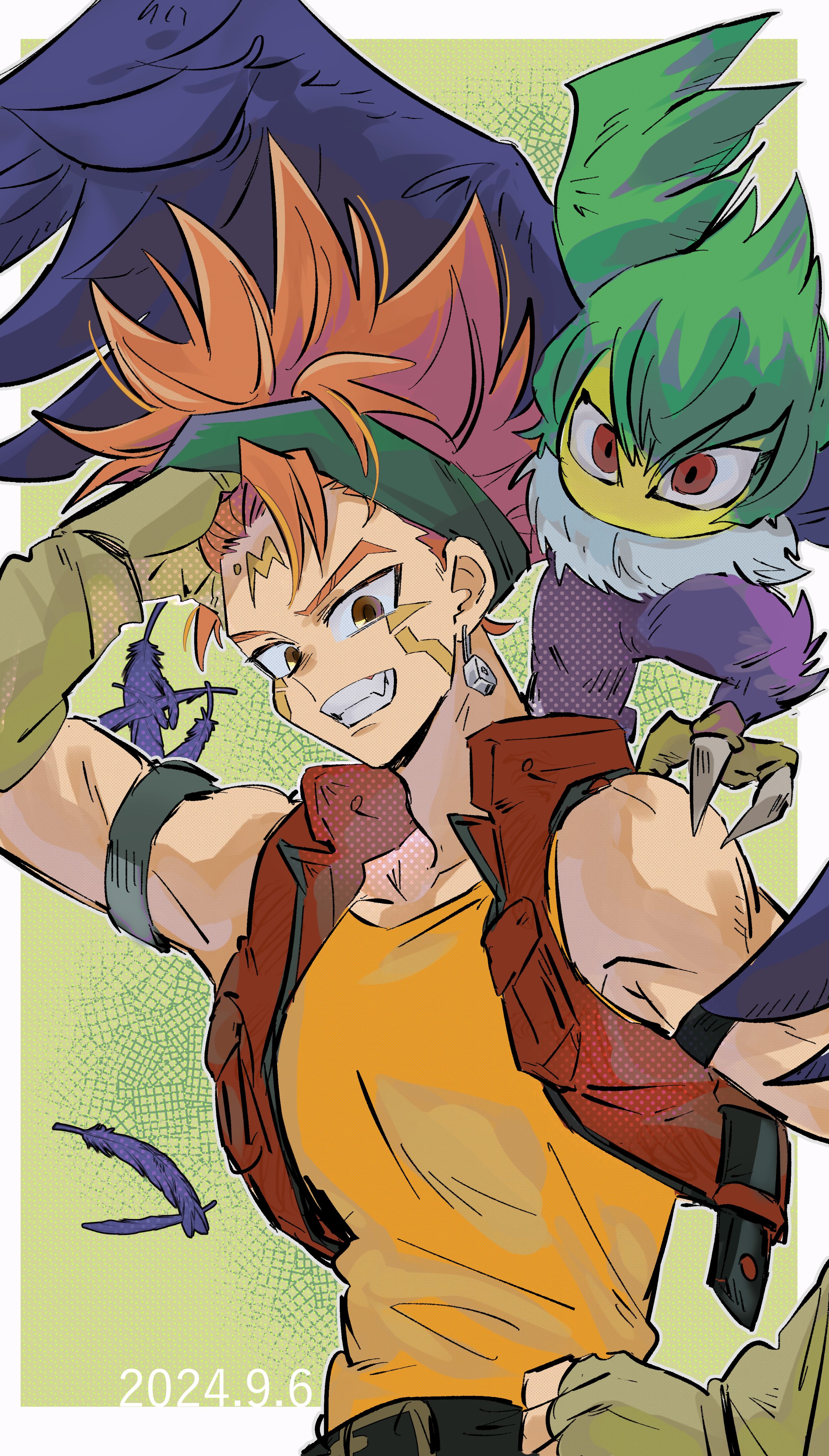 2boys absurdres bare_shoulders bibiri_(r42r98r) black_feathers blackwing_gale_the_whirlwind border brown_eyes brown_vest crow_hogan dated earrings facial_mark fangs feathered_wings feathers green_background head_wings highres jewelry male_focus medium_hair multiple_boys open_mouth orange_hair shirt teeth upper_body vest white_border wings yellow_shirt yu-gi-oh! yu-gi-oh!_5d's