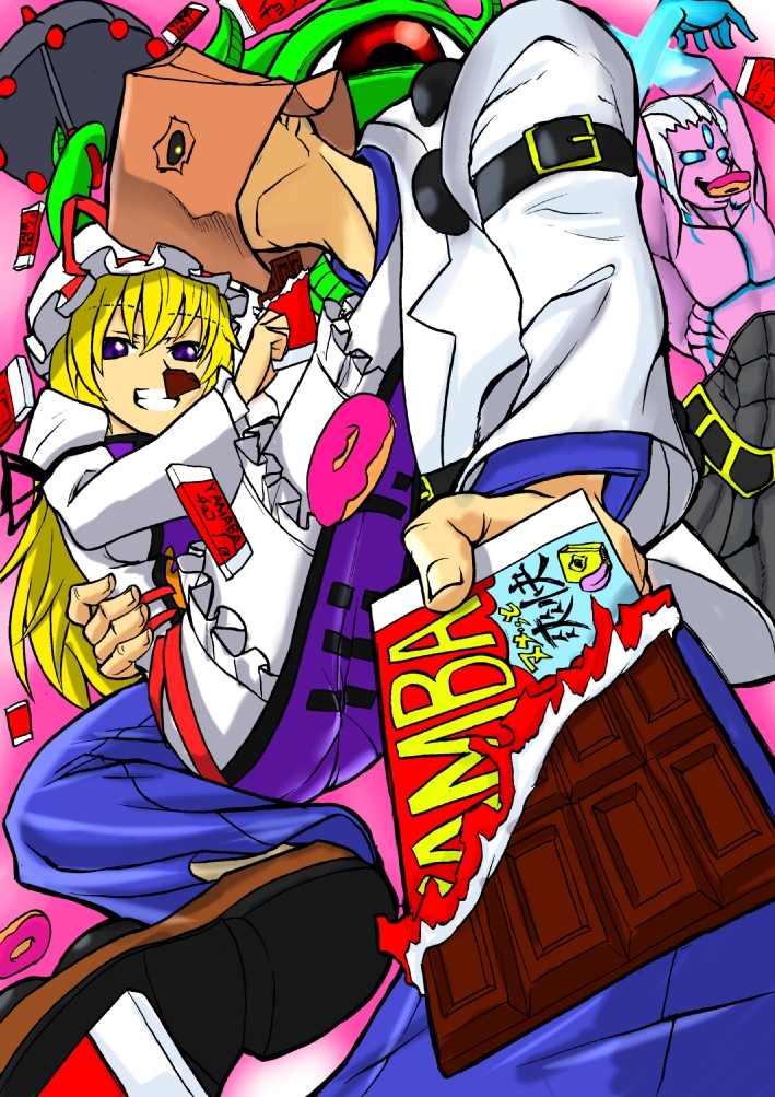 bag bag_on_head black_umbrella blonde_hair blue_eyes blue_pants candy carrying chocolate chocolate_bar colored_skin crossover dom1no donut eating faust_(guilty_gear) food frilled_skirt frills glowing glowing_eye guilty_gear hat hat_ribbon holding holding_chocolate holding_food incoming_food long_hair looking_at_viewer looking_down magaki_(kof) marvel midair mob_cap multiple_crossover one-eyed open_umbrella pants paper_bag pink_background pink_skin princess_carry purple_eyes purple_tabard ribbon shuma_gorath skirt smile tabard the_king_of_fighters touhou umbrella yakumo_yukari
