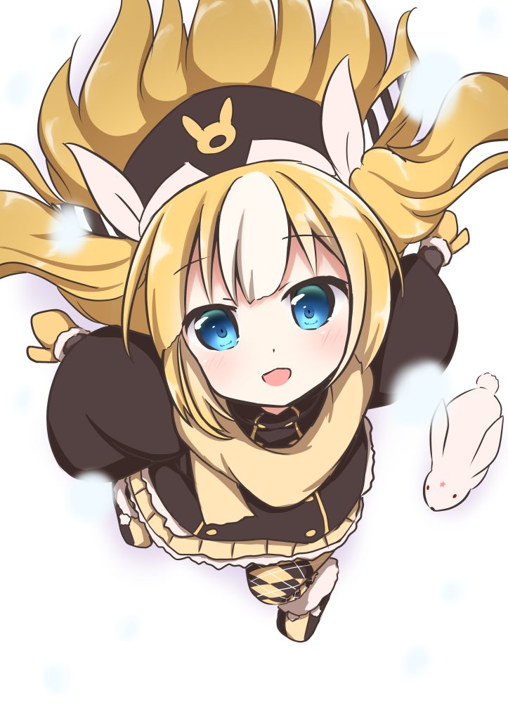 1girl azur_lane blonde_hair blue_eyes commentary_request from_above hair_ribbon hat hestia_(neko_itachi) kalk_(azur_lane) kalk_(snow_fairy_schoolgirl)_(azur_lane) long_hair long_sleeves looking_at_viewer mittens multicolored_hair official_alternate_costume open_mouth pantyhose rabbit ribbon smile streaked_hair very_long_hair white_hair