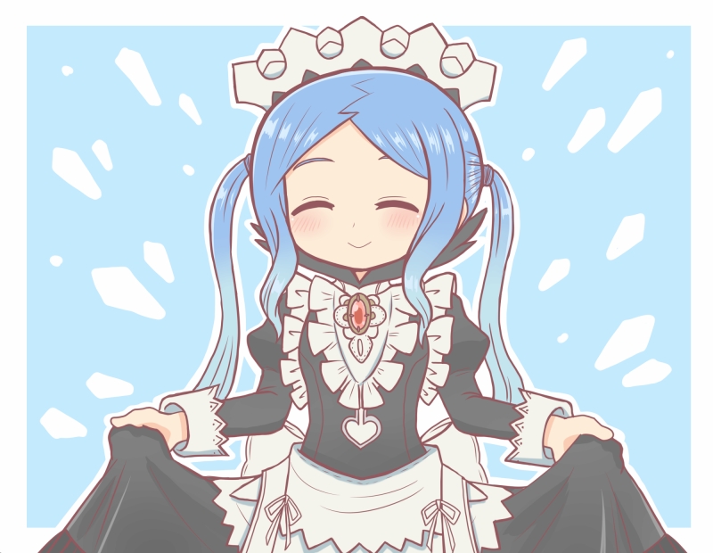 1girl ^_^ apron bad_id bad_twitter_id black_dress blue_background blue_hair blush closed_eyes closed_mouth dress facing_viewer fire_emblem fire_emblem_fates flora_(fire_emblem) juliet_sleeves long_hair long_sleeves maid maid_apron maid_headdress multicolored_hair puffy_sleeves reverse_(bluefencer) simple_background skirt_hold smile solo twintails white_apron