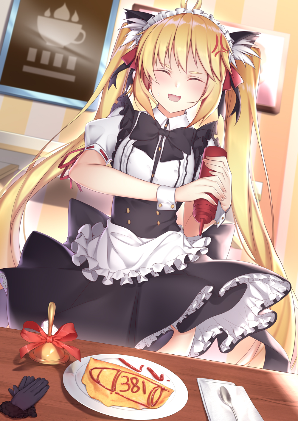 1girl andrea_doria_(warship_girls_r) anger_vein animal_ear_fluff animal_ears antenna_hair apron bell black_bow black_bowtie black_gloves black_ribbon black_skirt blonde_hair bottle bow bowtie breasts cartonbox_(zhixiang_zhi) cat_ears chinese_commentary closed_eyes collared_shirt commentary_request facing_viewer food food_writing frilled_apron frilled_skirt frills gloves unworn_gloves hair_ribbon high-waist_skirt highres holding holding_bottle indoors ketchup_bottle long_hair maid maid_apron maid_headdress plate puffy_short_sleeves puffy_sleeves red_ribbon ribbon shirt short_sleeves sidelocks skirt small_breasts solo spoon squeeze_bottle sweatdrop table twintails very_long_hair waist_apron warship_girls_r white_apron wrist_cuffs